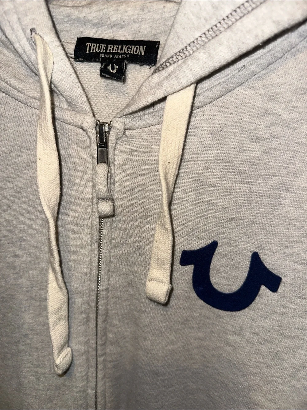 True Religion Heather Gray Zip Hoodie with Navy Horseshoe
